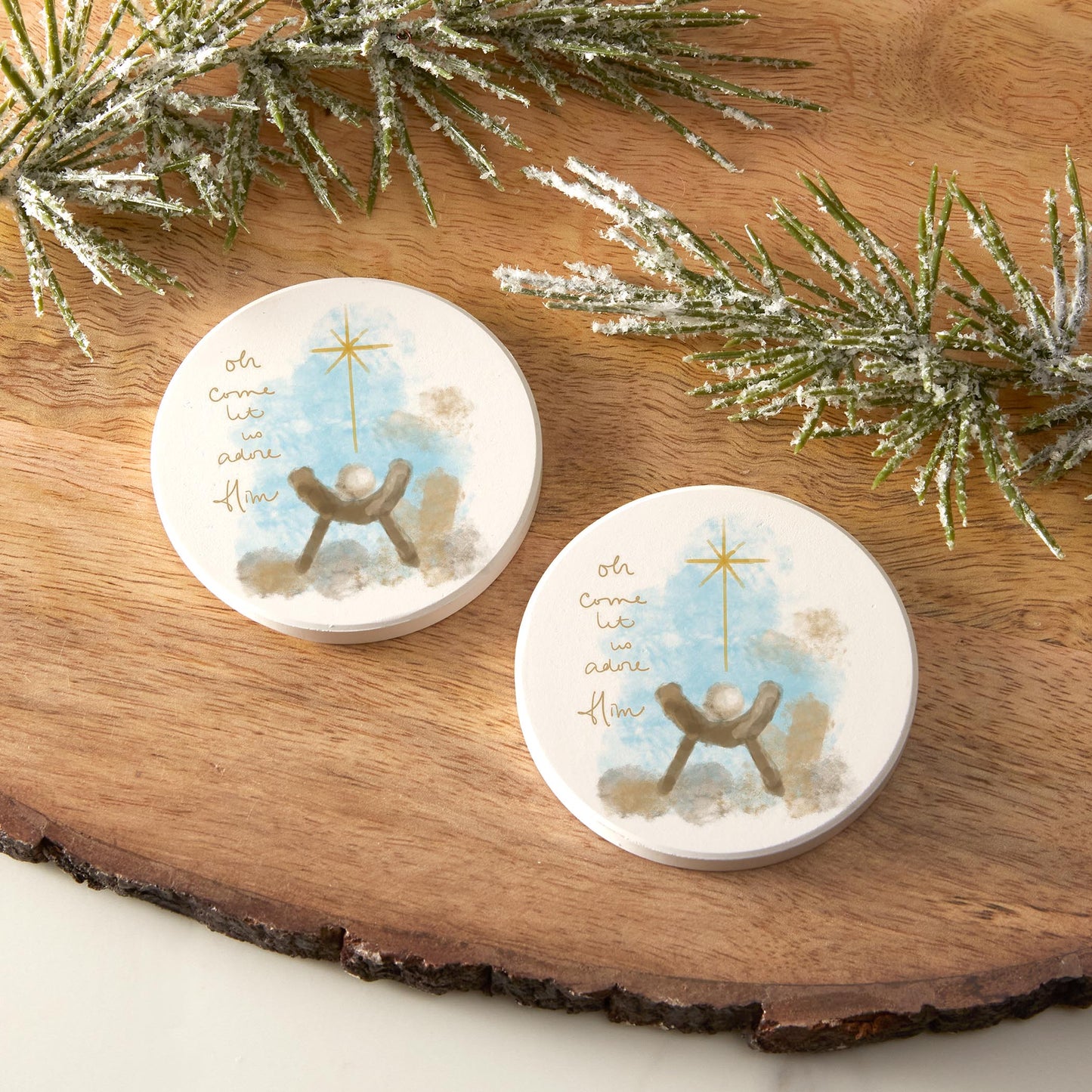 Car Coaster 2-Pack Kalia Lane-Let Us Adore Him Watercolor Manger
