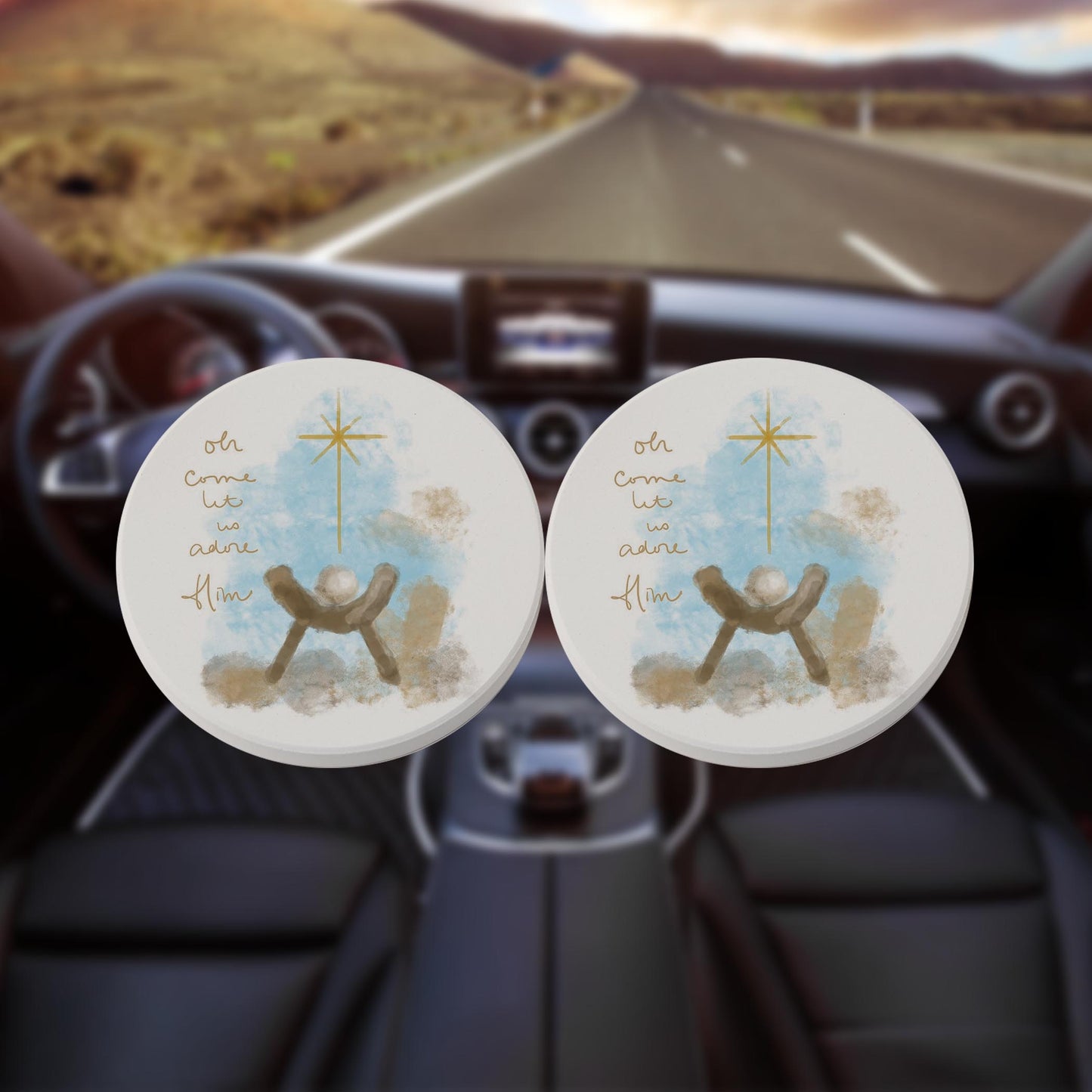 Car Coaster 2-Pack Kalia Lane-Let Us Adore Him Watercolor Manger