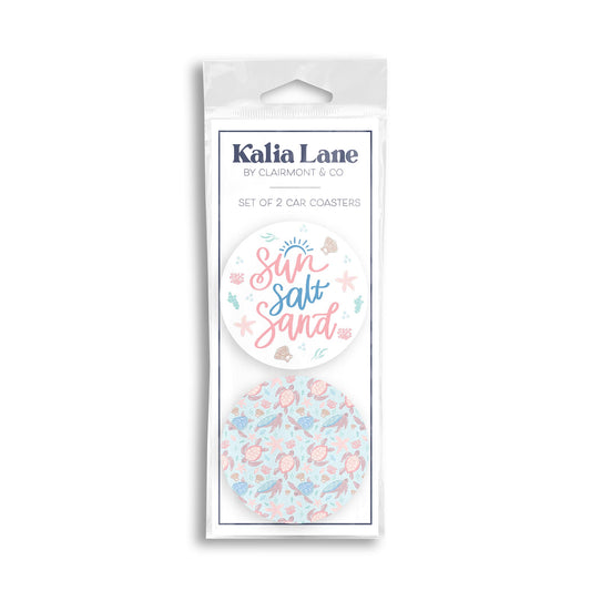 Car Coaster 2-Pack Kalia Lane-Coastal Sea Turtles Sun Salt Sand