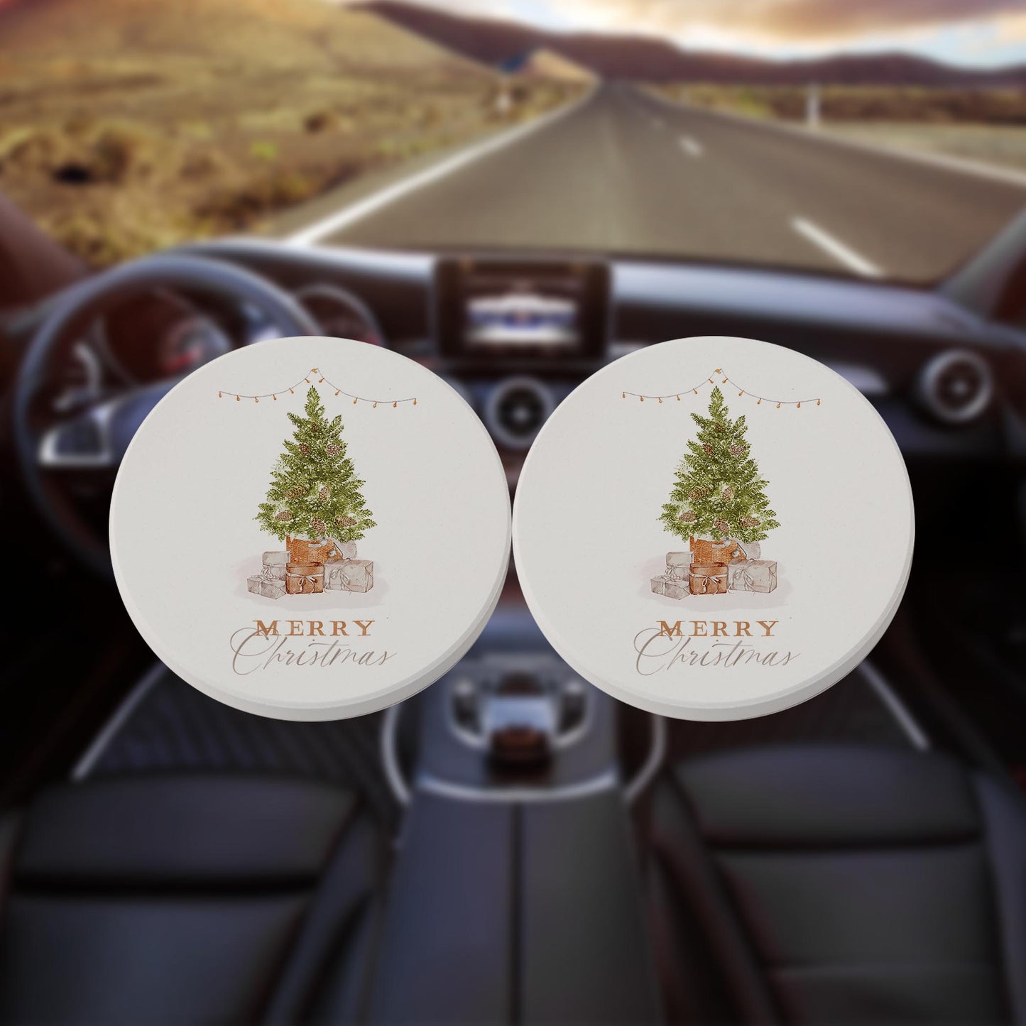 Car Coaster 2-Pack Kalia Lane-Cottage Tree Merry Christmas