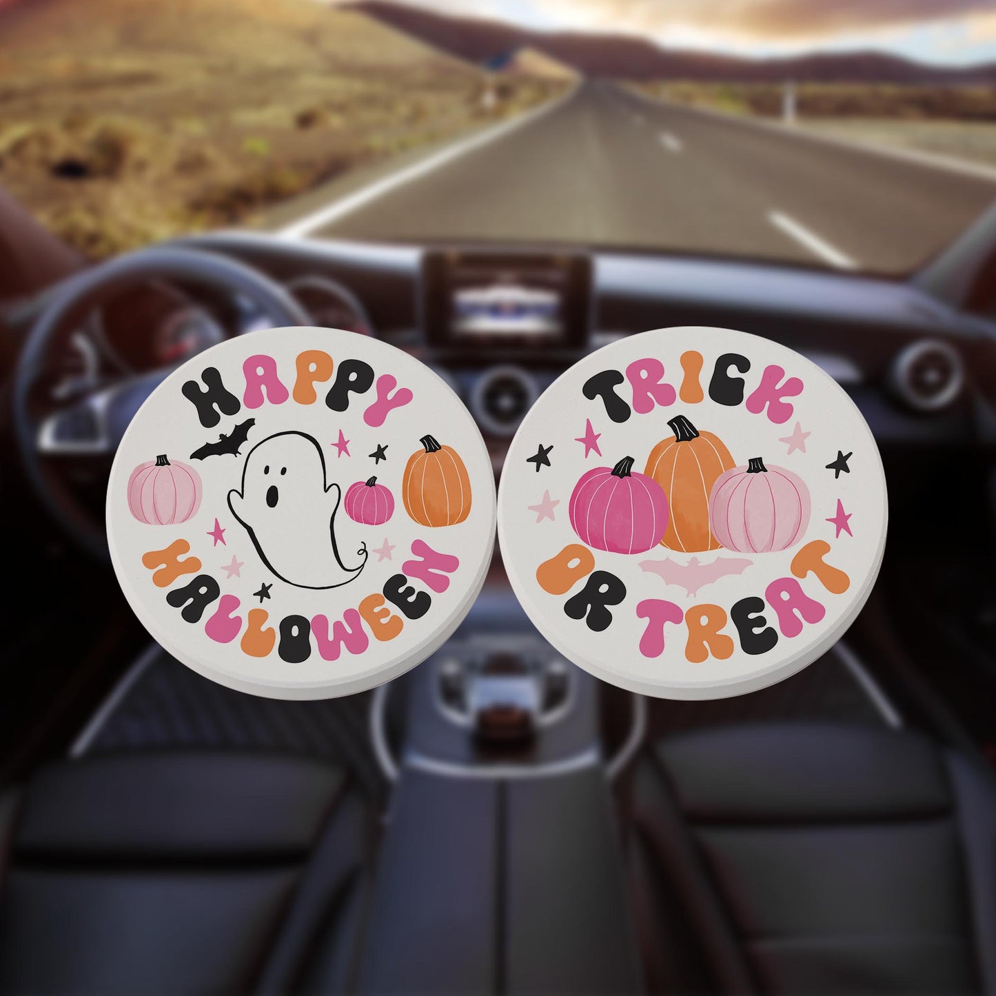 Car Coaster 2-Pack Kalia Lane-Happy Ghost Happy Halloween & Trick