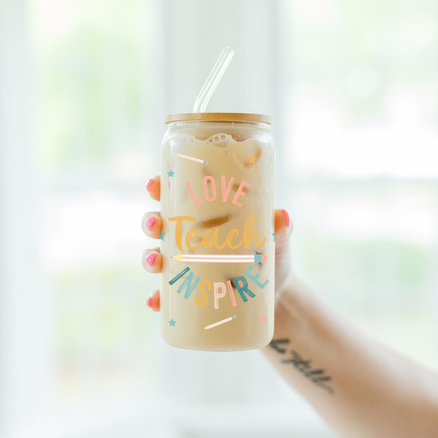 16oz Cold Brew Glass-Love Teach Inspire