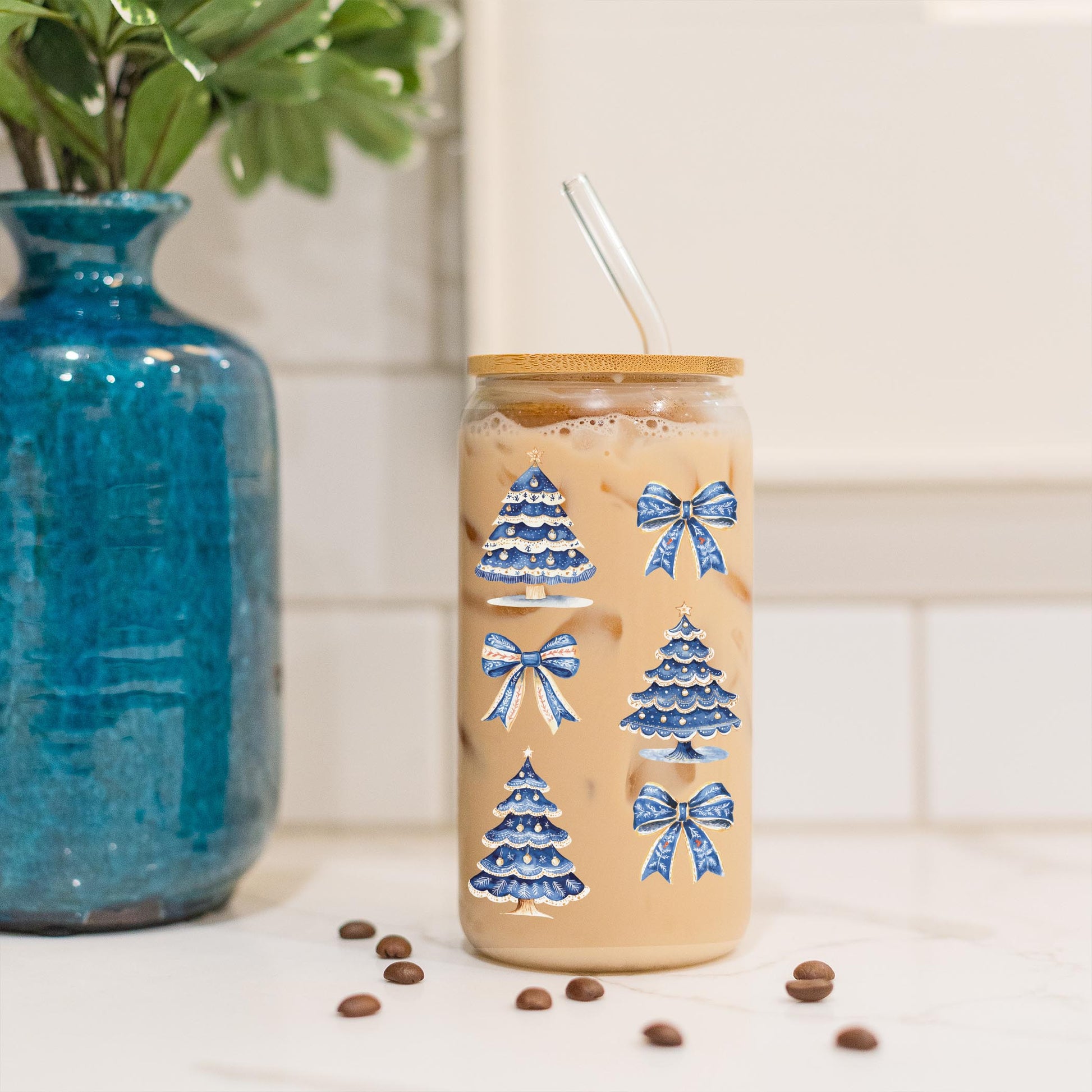 16oz Cold Brew Glass-Blue Noel - A Grand Millennial Christmas -3