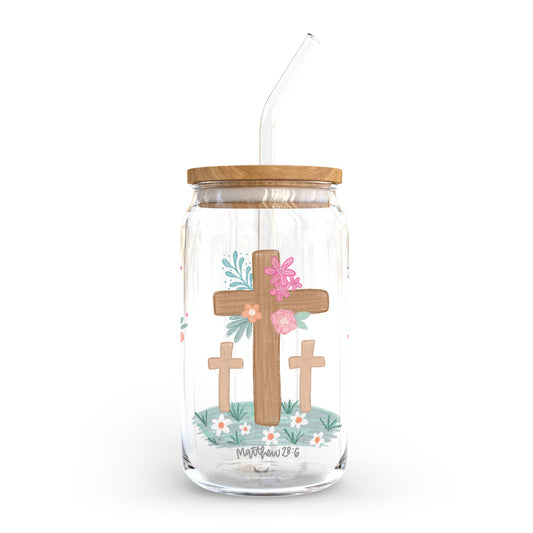 16oz Cold Brew Glass-Floral Cross Matthew 28:6