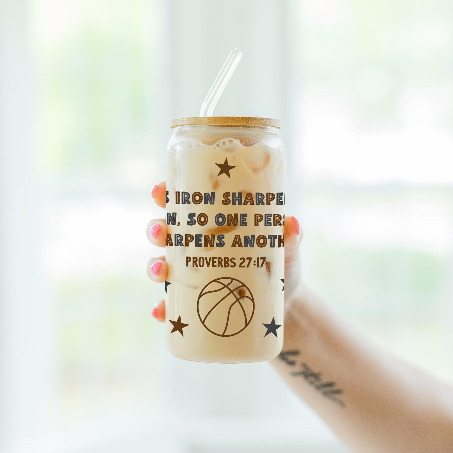 16oz Cold Brew Glass-Iron Sharpens Iron Basketball Brown & Black