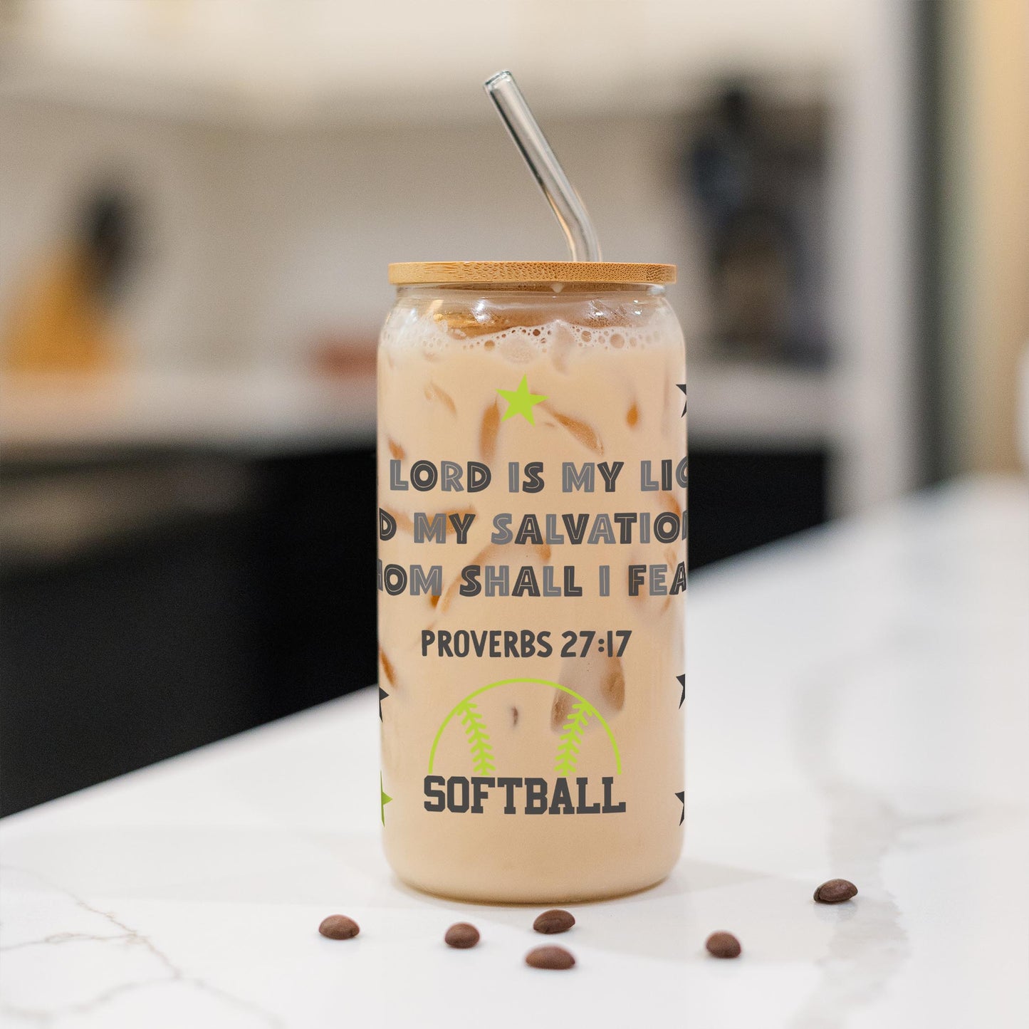 16oz Cold Brew Glass-The Lord Is My Light Softball Green & Black