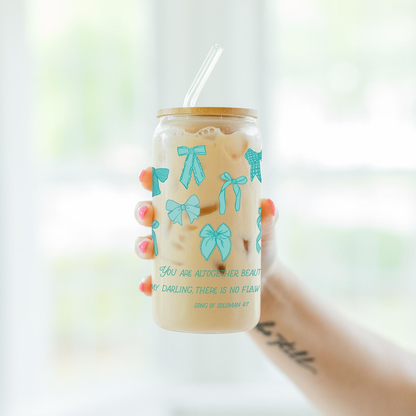 16oz Cold Brew Glass-Blue Bows You Are Altogether Beautiful