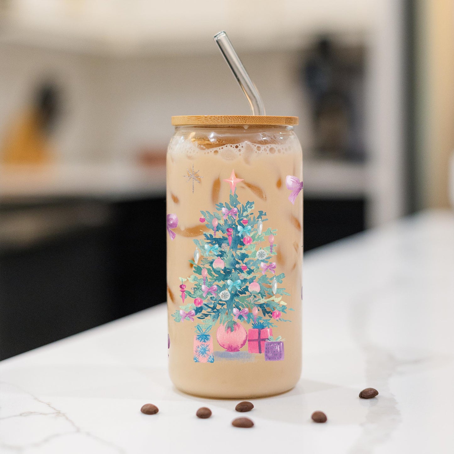 16oz Cold Brew Glass-Watercolor Sugar Plum Christmas Tree -1