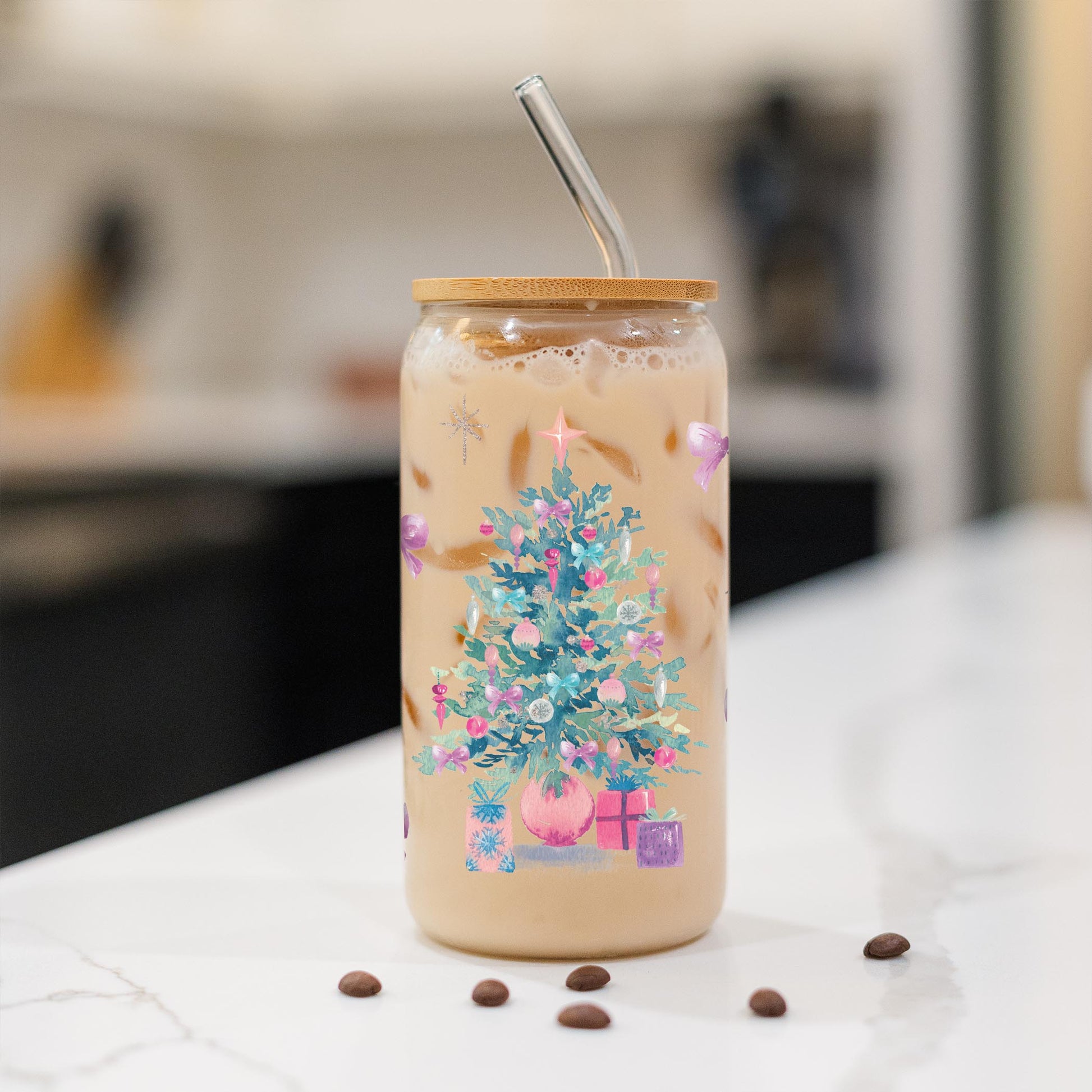 16oz Cold Brew Glass-Watercolor Sugar Plum Christmas Tree -1