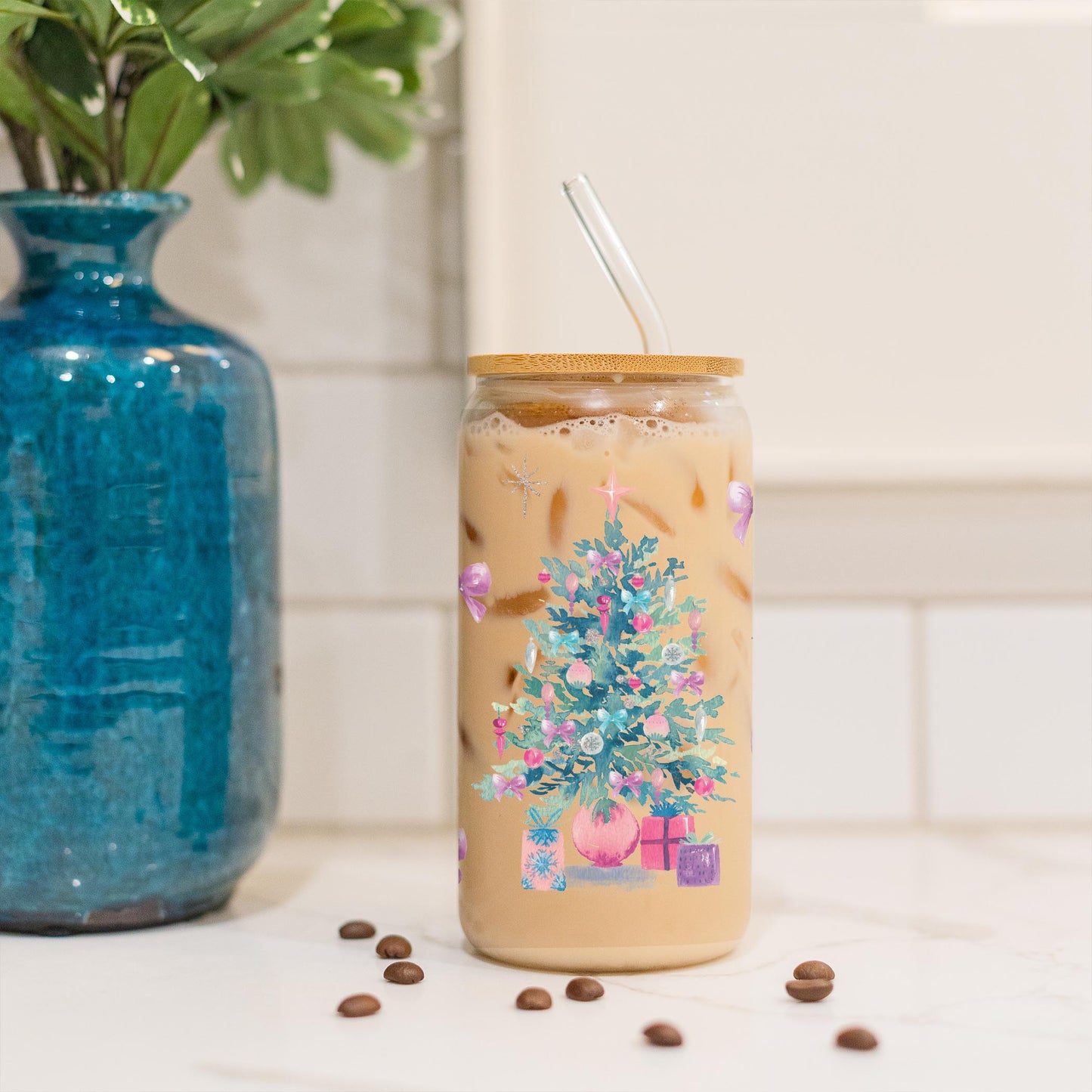 16oz Cold Brew Glass-Watercolor Sugar Plum Christmas Tree -3