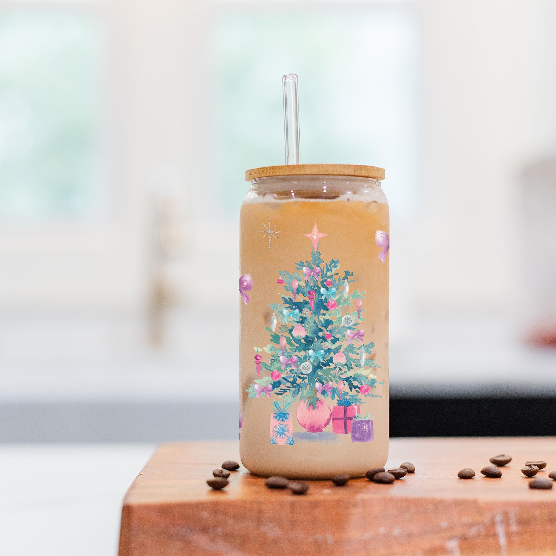 16oz Cold Brew Glass-Watercolor Sugar Plum Christmas Tree -5