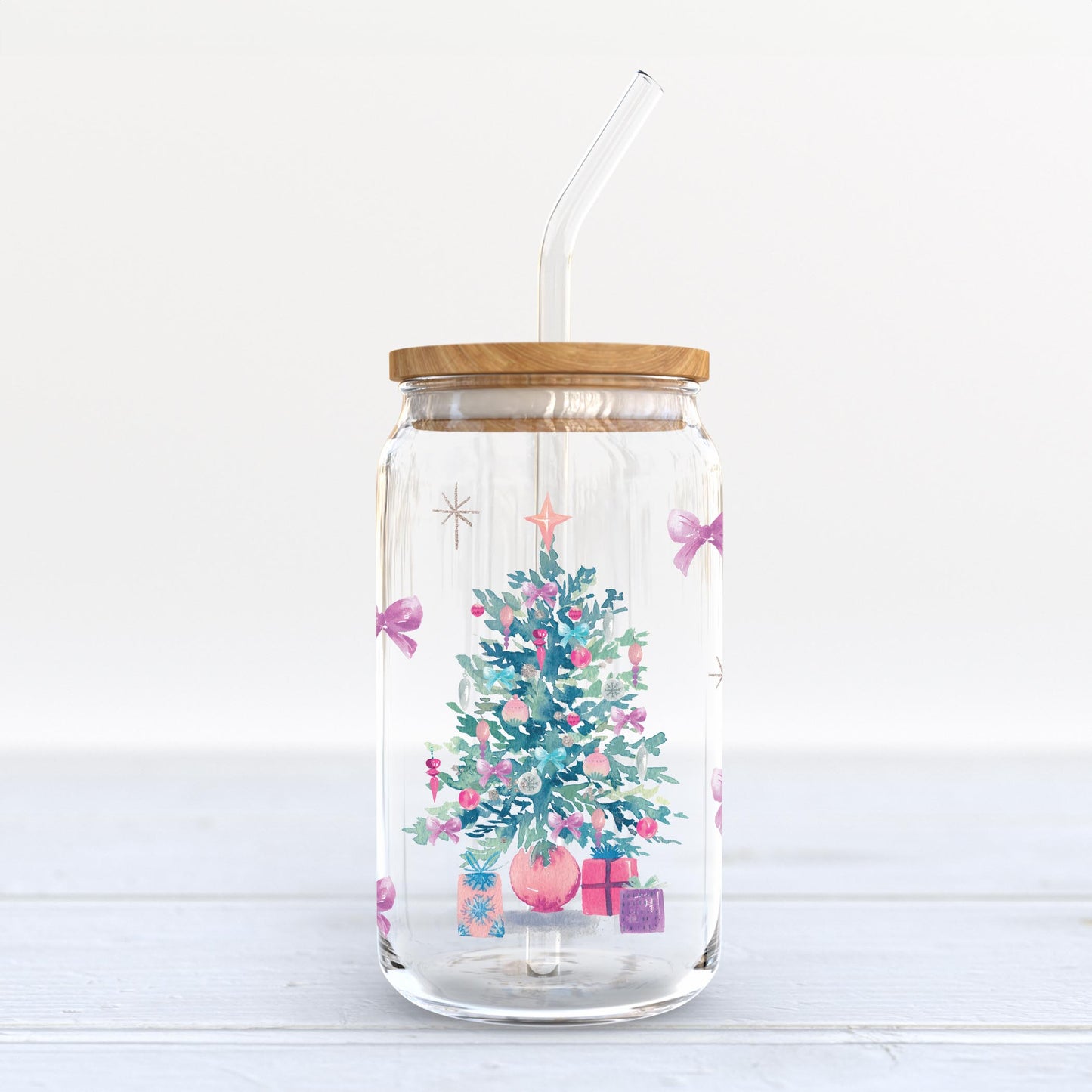 16oz Cold Brew Glass-Watercolor Sugar Plum Christmas Tree -6