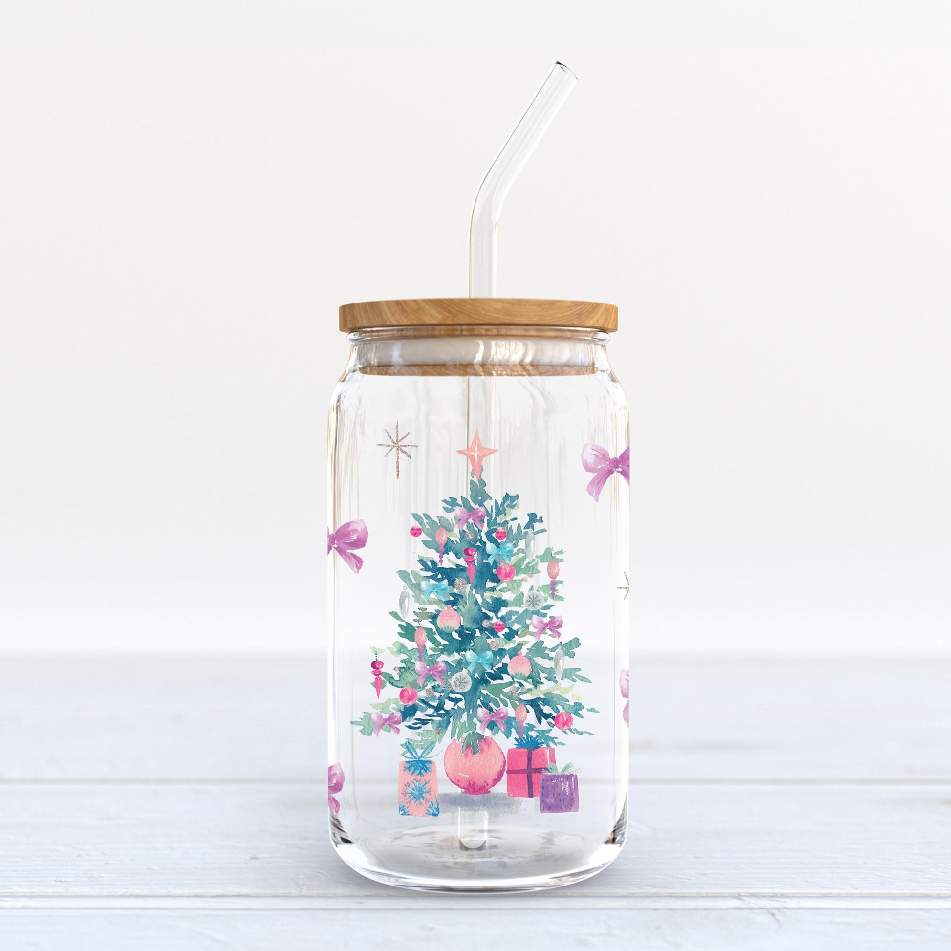 16oz Cold Brew Glass-Watercolor Sugar Plum Christmas Tree -6
