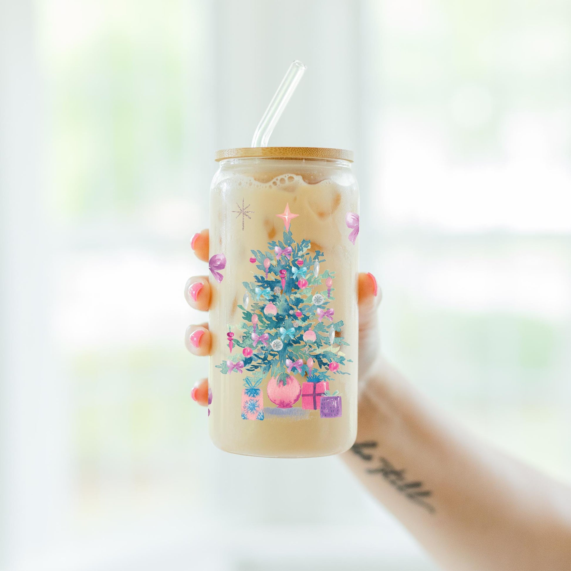 16oz Cold Brew Glass-Watercolor Sugar Plum Christmas Tree -7