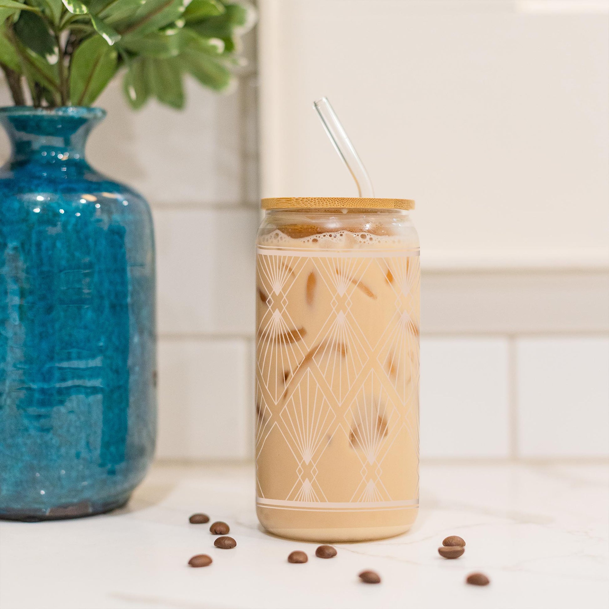 16oz Cold Brew Glass-Art Deco Diamond Pattern -3