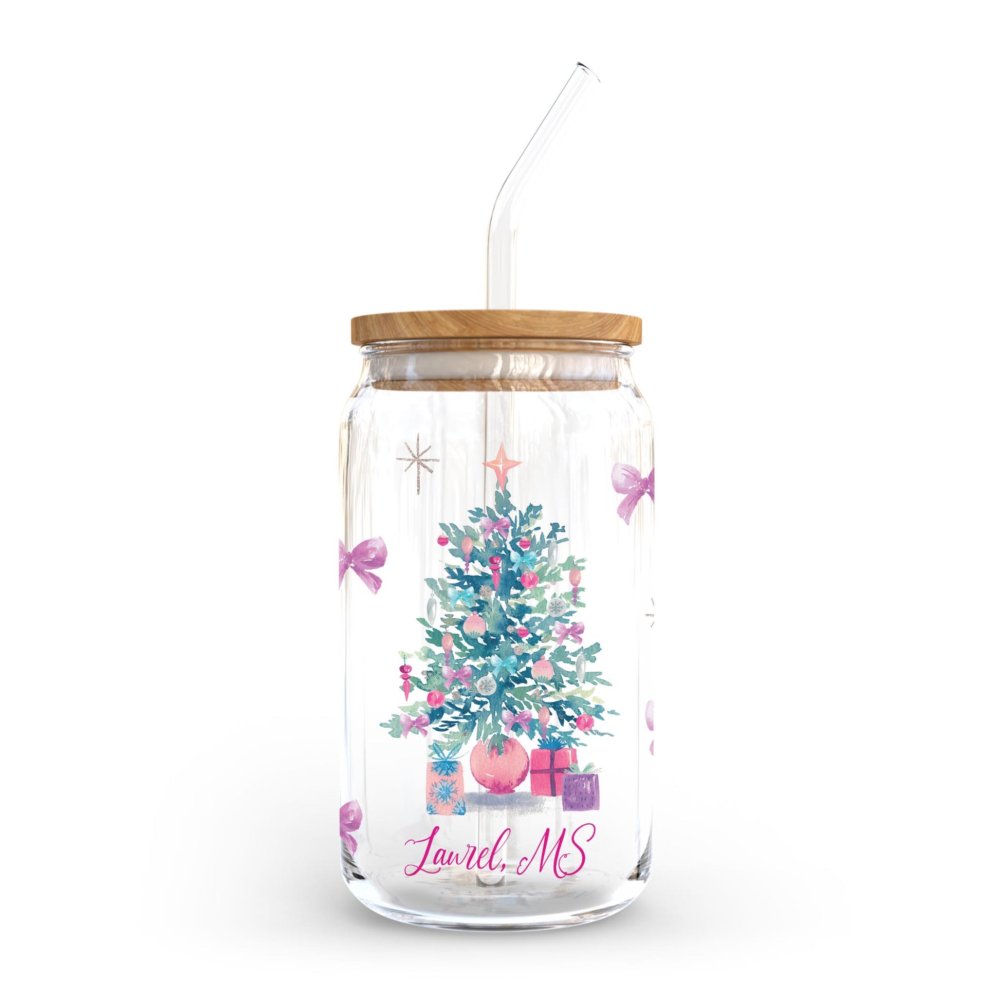 16oz Cold Brew Glass-Watercolor Sugar Plum Christmas Tree -0