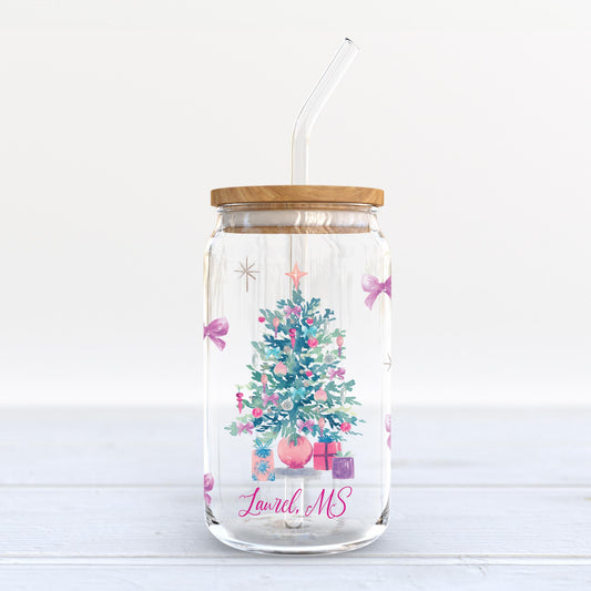 16oz Cold Brew Glass-Watercolor Sugar Plum Christmas Tree -3