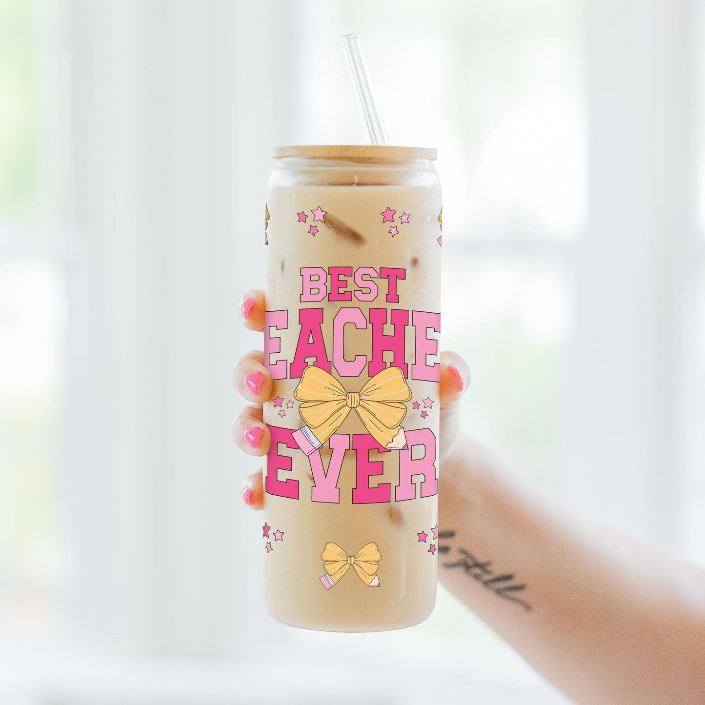 24oz Cold Brew Glass-Classroom Coquette Best Teacher Ever -3