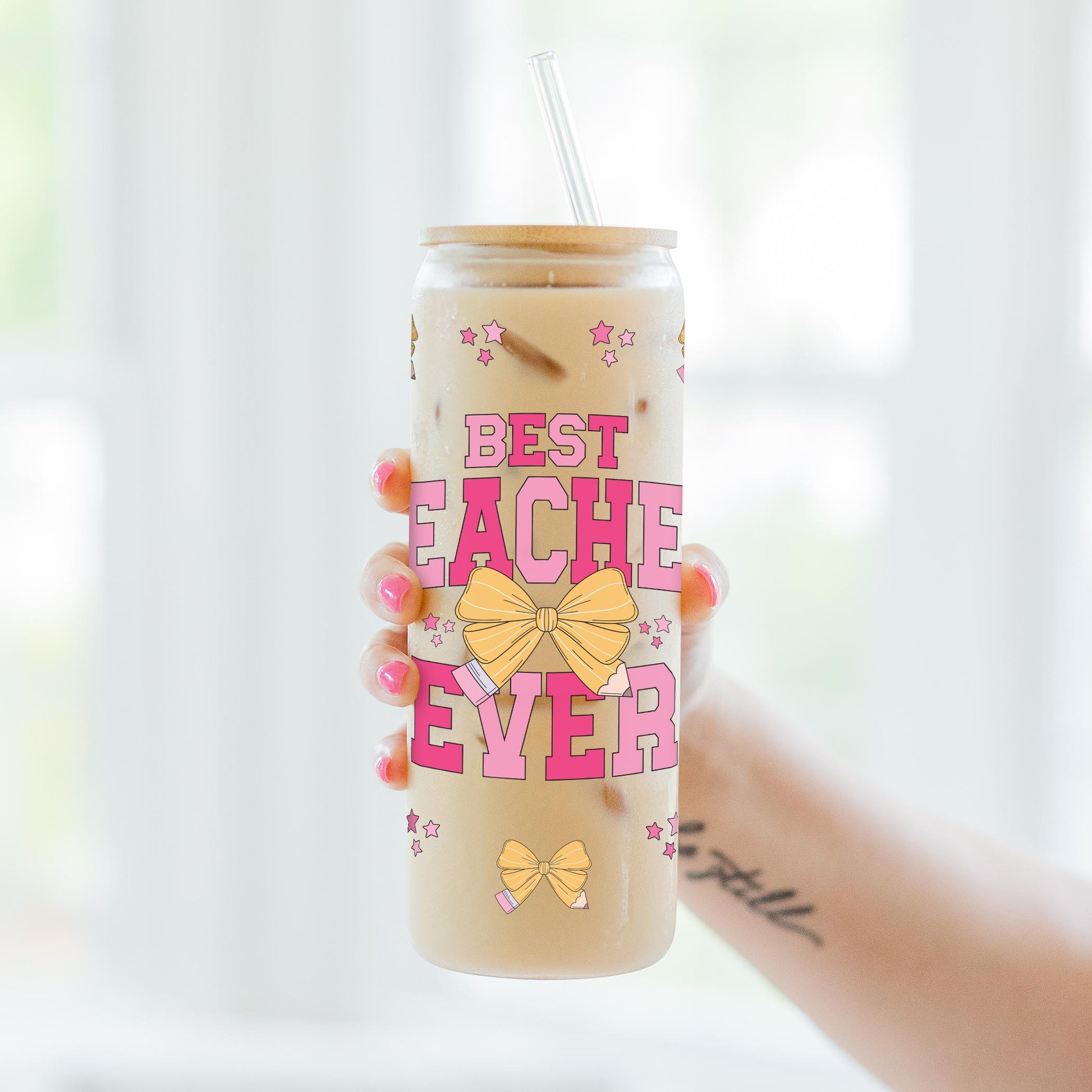 24oz Cold Brew Glass-Classroom Coquette Best Teacher Ever -3