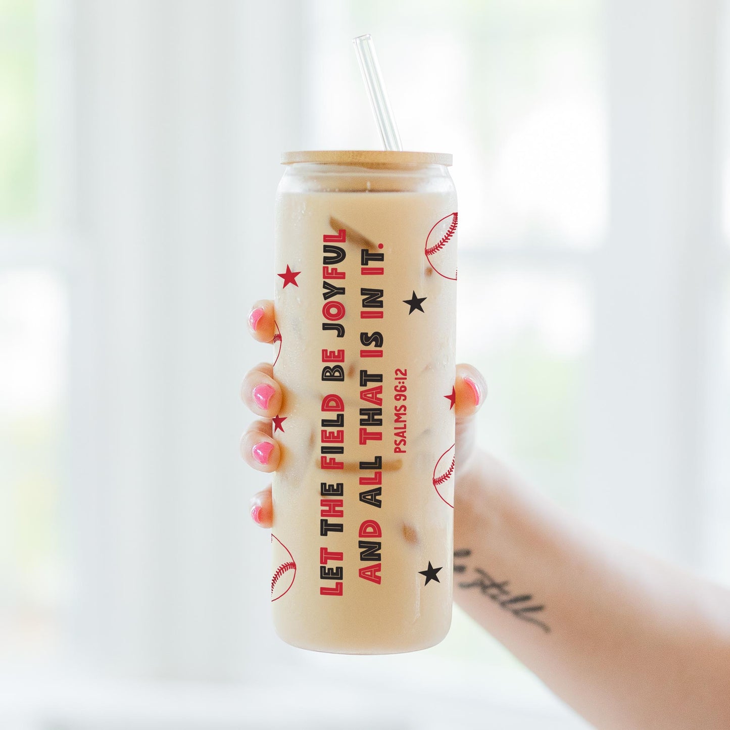 24oz Cold Brew Glass-Let The Field Be Joyful Baseball Red & Black