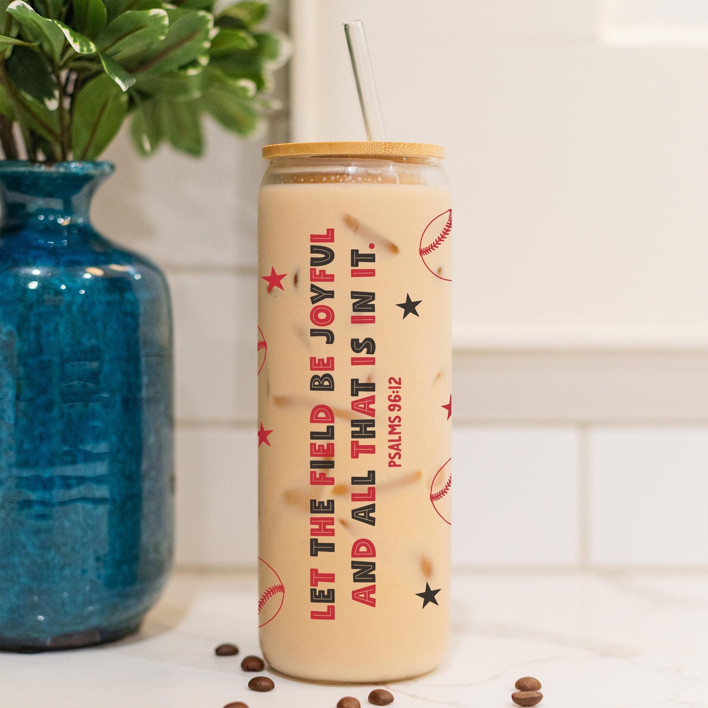 24oz Cold Brew Glass-Let The Field Be Joyful Baseball Red & Black