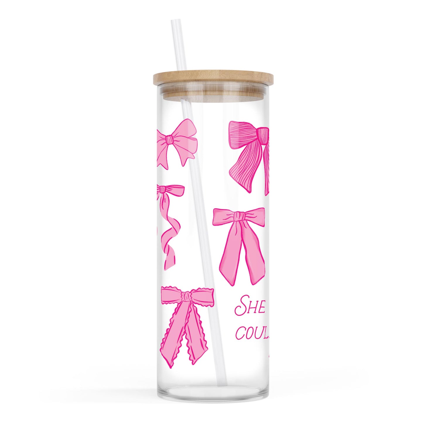 24oz Cold Brew Glass-Pink Bows She Believed She Could