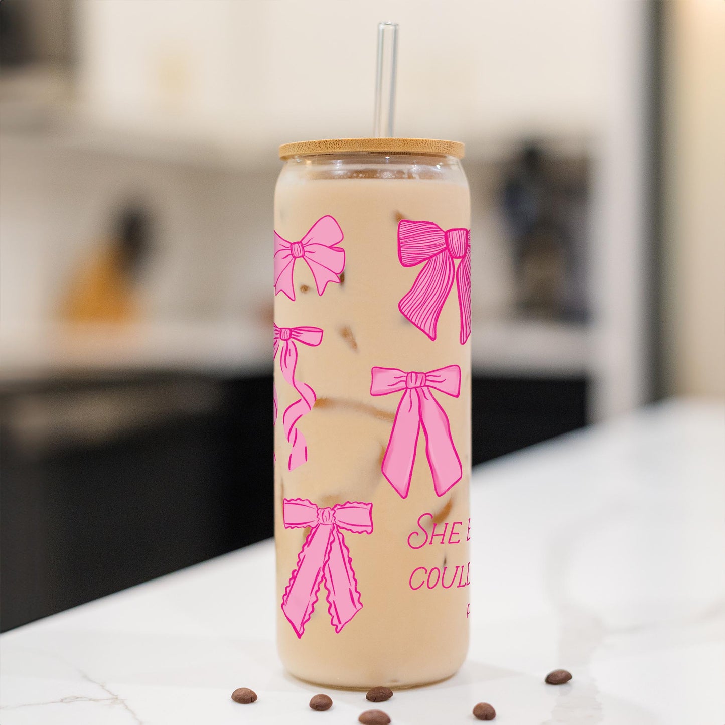 24oz Cold Brew Glass-Pink Bows She Believed She Could