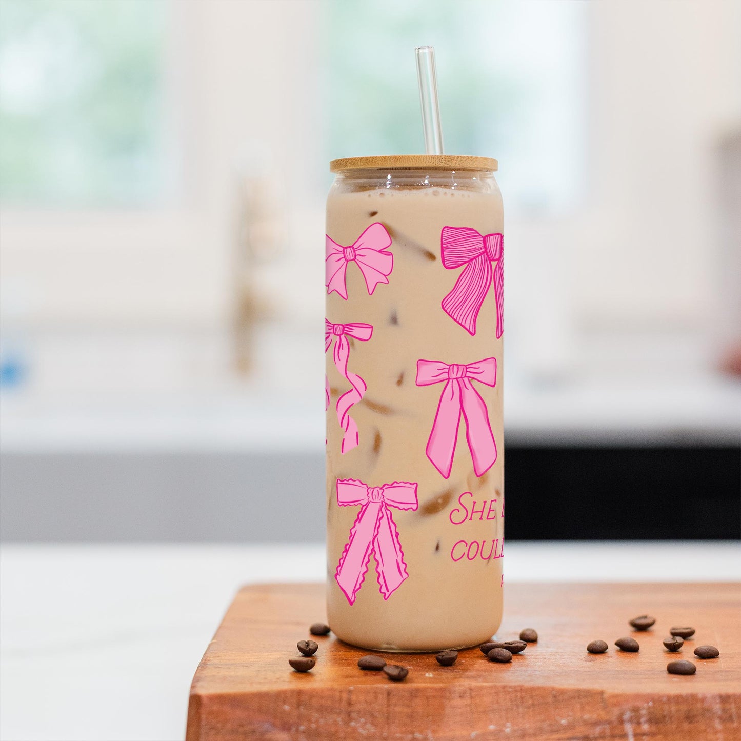 24oz Cold Brew Glass-Pink Bows She Believed She Could