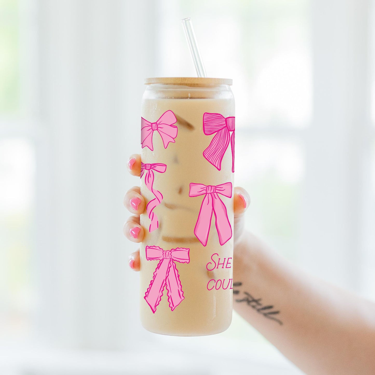 24oz Cold Brew Glass-Pink Bows She Believed She Could