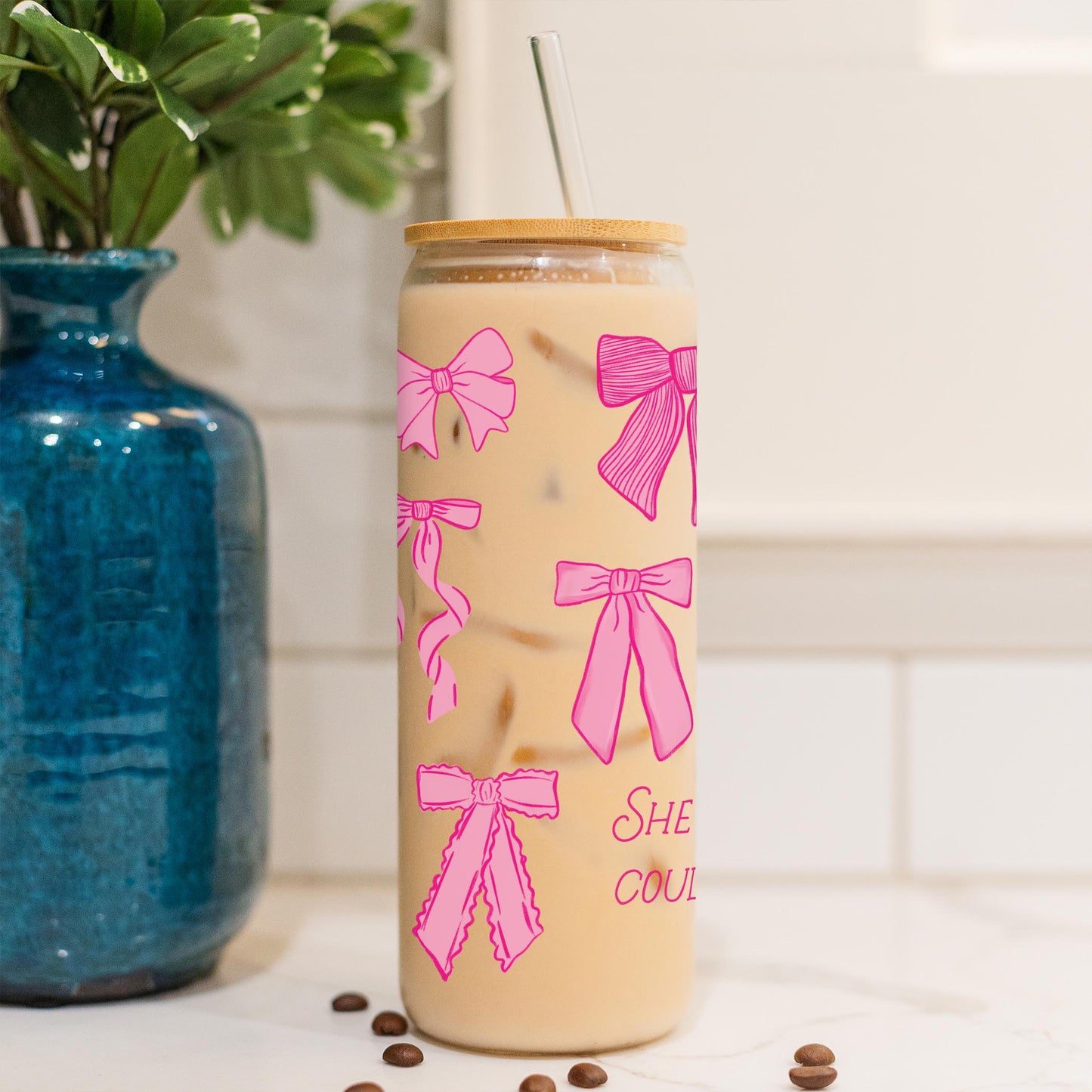 24oz Cold Brew Glass-Pink Bows She Believed She Could