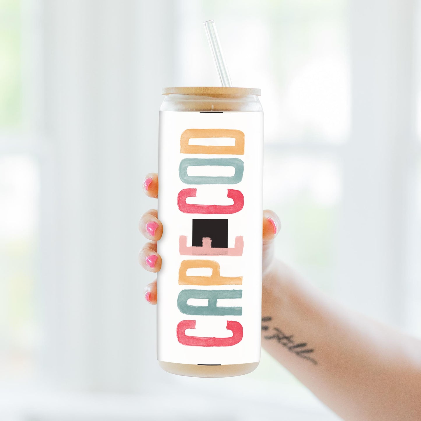 24oz Cold Brew Glass-Watercolor City Cape Cod MA