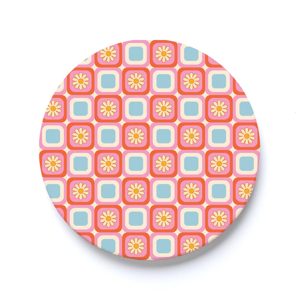 Car Coaster-Bright Retro Floral Checker -0