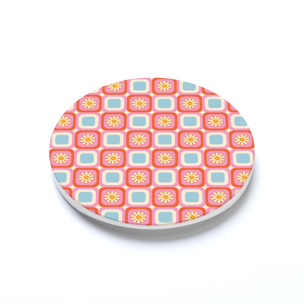 Car Coaster-Bright Retro Floral Checker -1