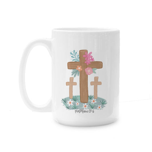 15oz Coffee Mug White-Floral Cross Matthew 28:6 He Is Risen