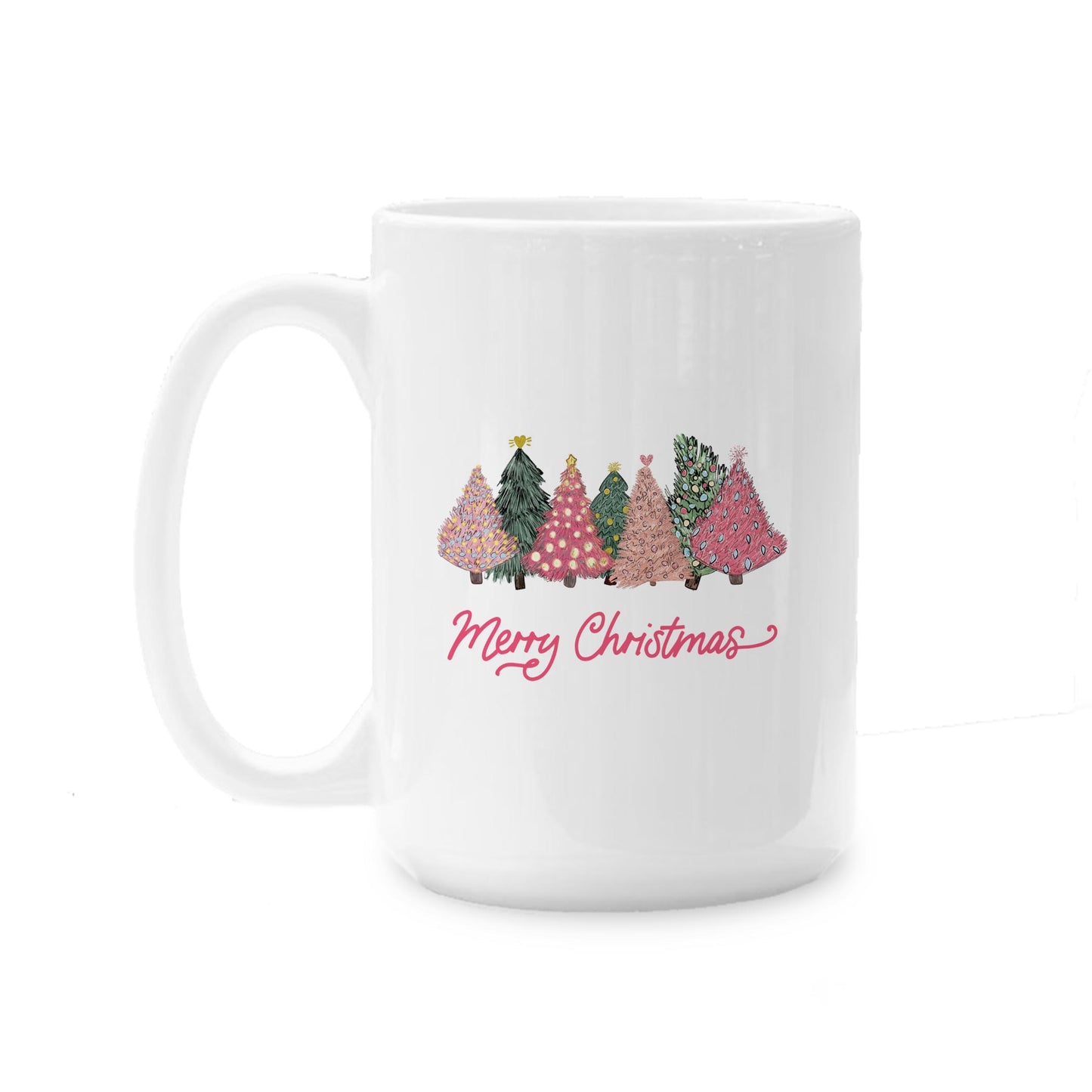 15oz Coffee Mug White-Pink Trees Merry Christmas -0