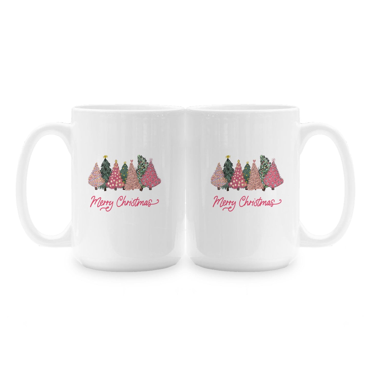 15oz Coffee Mug White-Pink Trees Merry Christmas -1