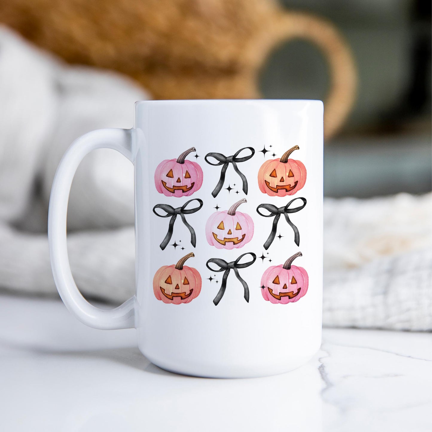 15oz Coffee Mug White - Halloween Pumpkins and Bows