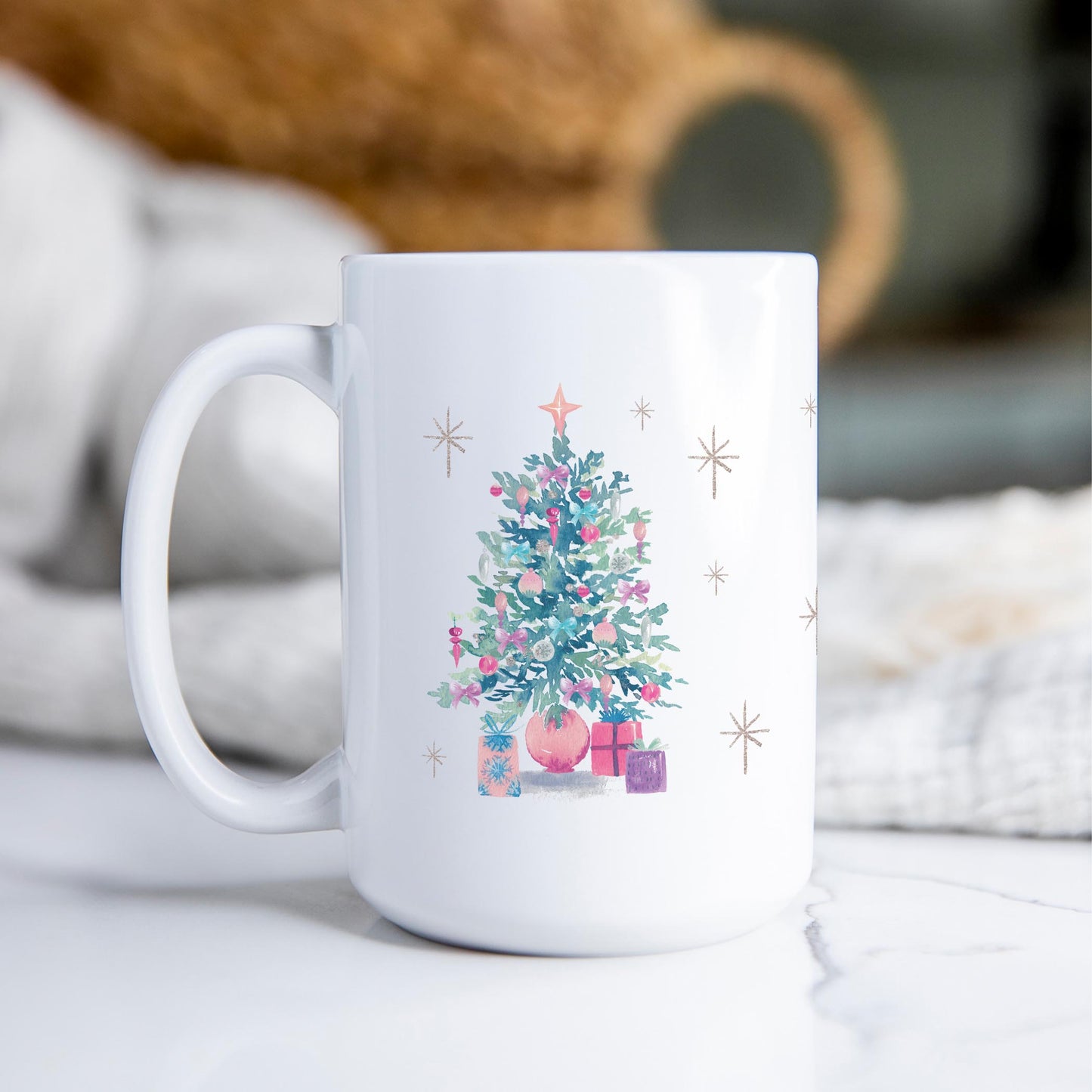 15oz Coffee Mug White-Watercolor Sugar Plum Christmas Tree -2
