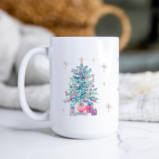 15oz Coffee Mug White-Watercolor Sugar Plum Christmas Tree -2