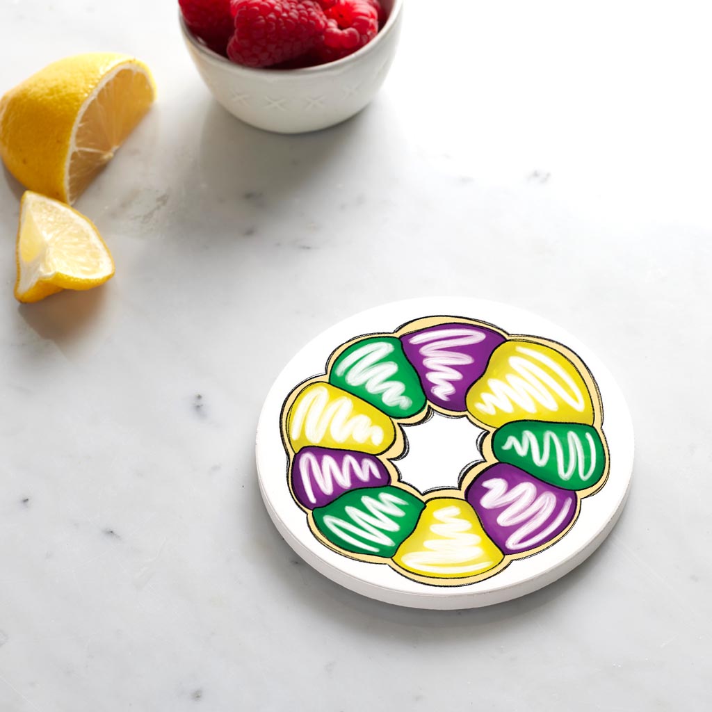 Ceramic Round Coaster-Mardi Gras King Cake