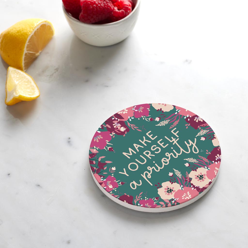 Ceramic Round Coaster-Make Yourself A Priority -4