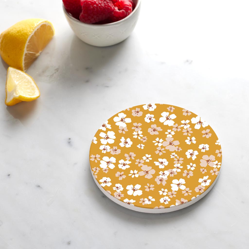 Ceramic Round Coaster-Inspirational Yellow Floral Pattern -4