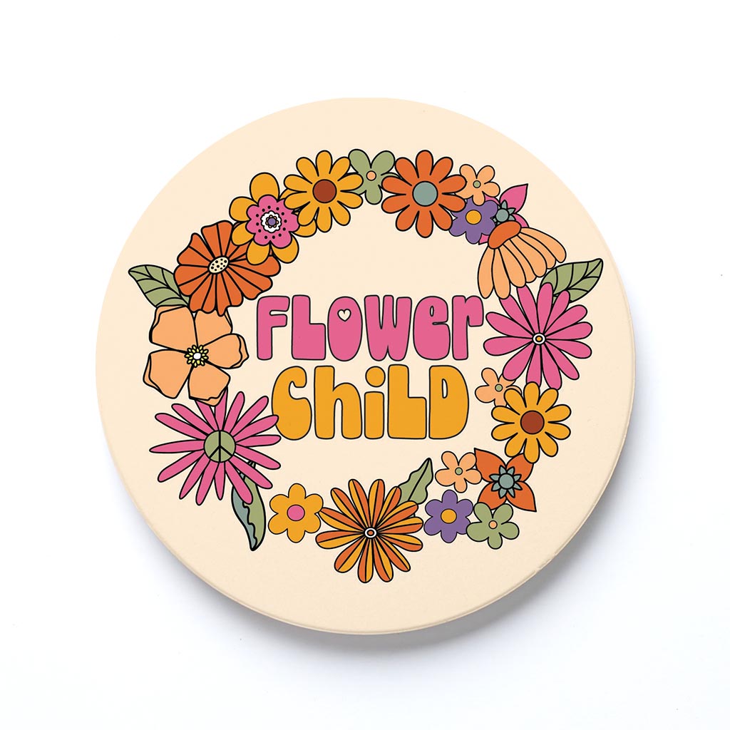 Ceramic Round Coaster-Bright Retro Flower Child -0