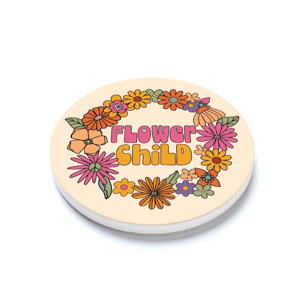 Ceramic Round Coaster-Bright Retro Flower Child -1