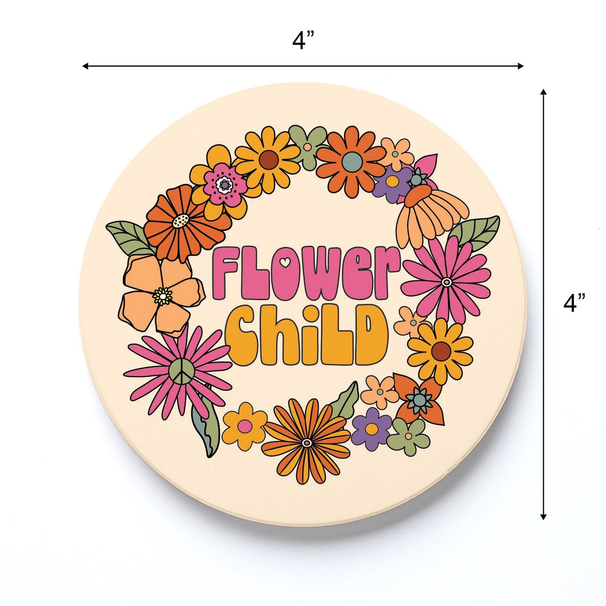 Ceramic Round Coaster-Bright Retro Flower Child -3