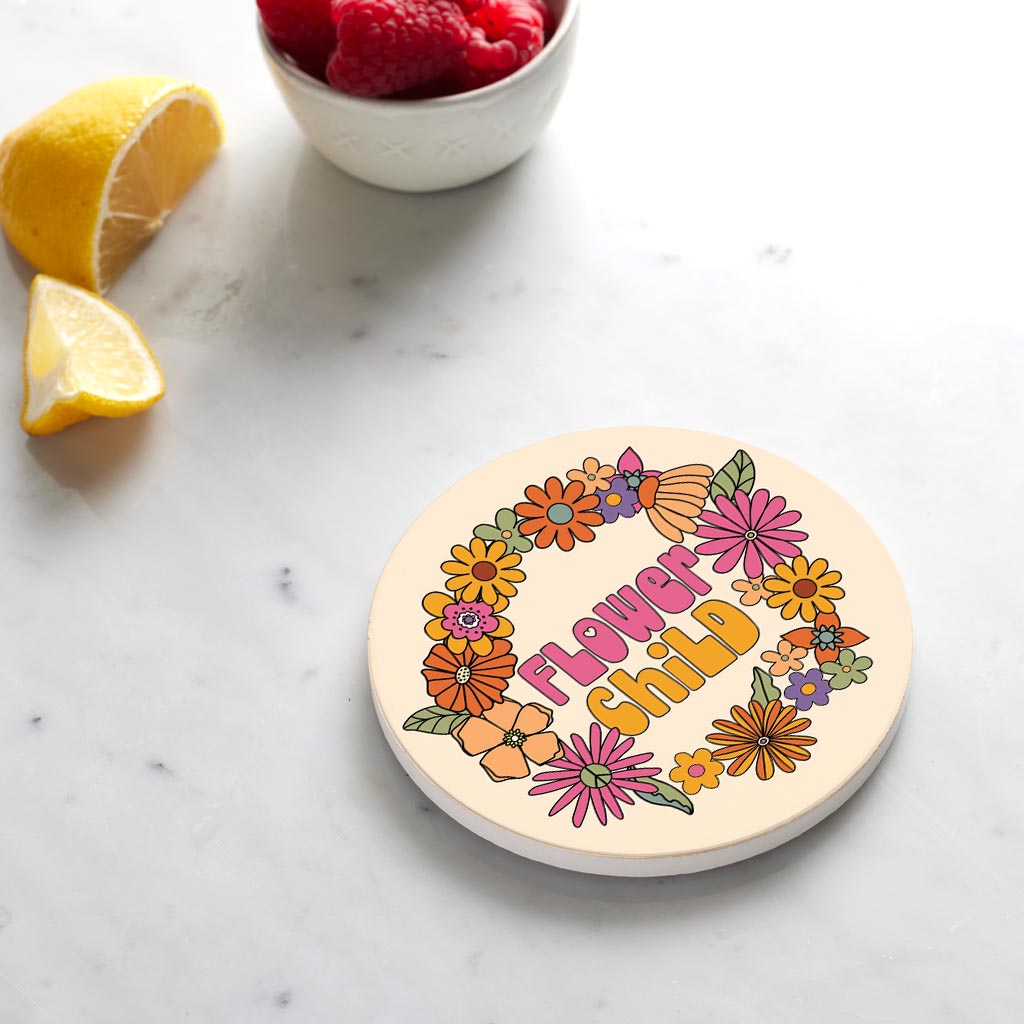 Ceramic Round Coaster-Bright Retro Flower Child -4