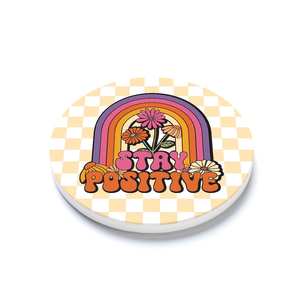 Ceramic Round Coaster-Bright Retro Stay Positive -1