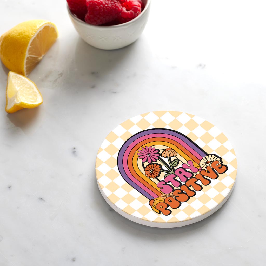 Ceramic Round Coaster-Bright Retro Stay Positive -4