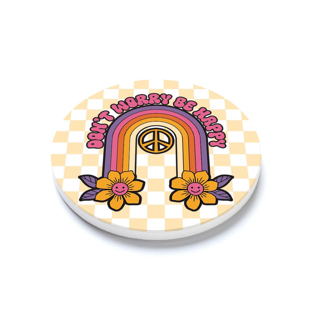 Ceramic Round Coaster-Bright Retro Don't Worry -1