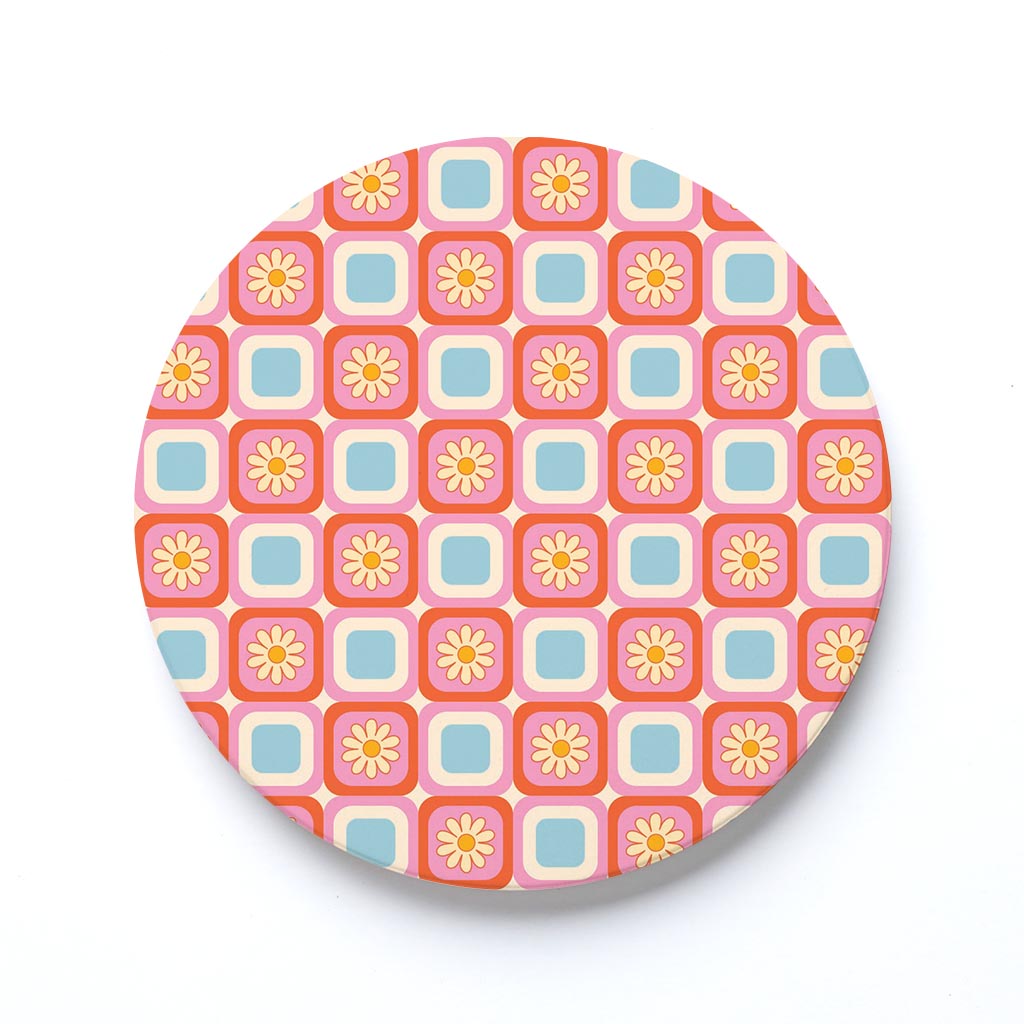 Ceramic Round Coaster-Bright Retro Floral Checker -0